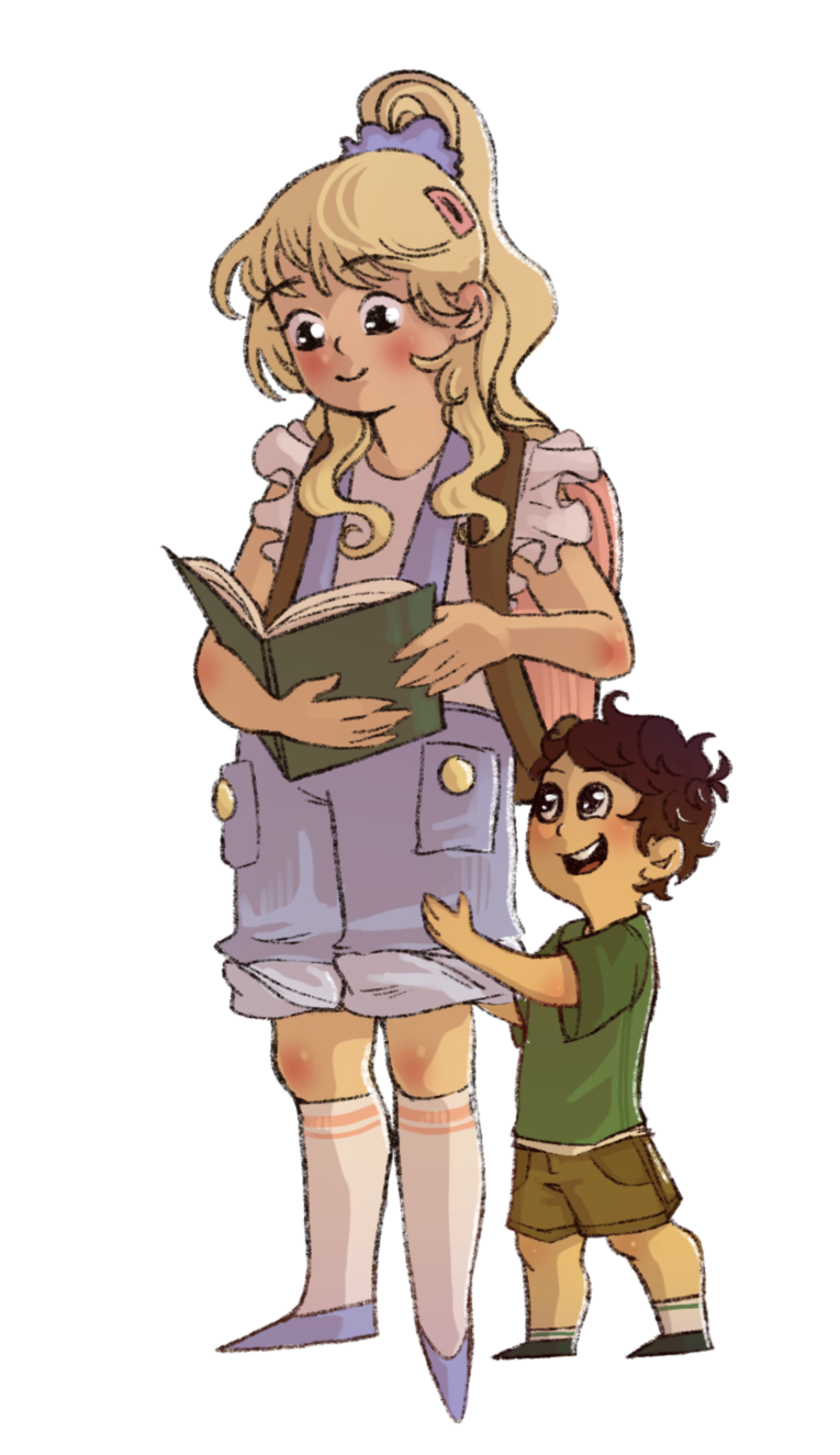 Kleinkind und lesendes Mädchen